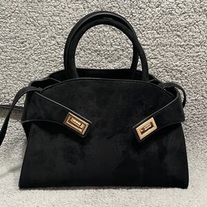 Classic Black Faux Suede Top-Handle Bag with Gold Hardware Hug style